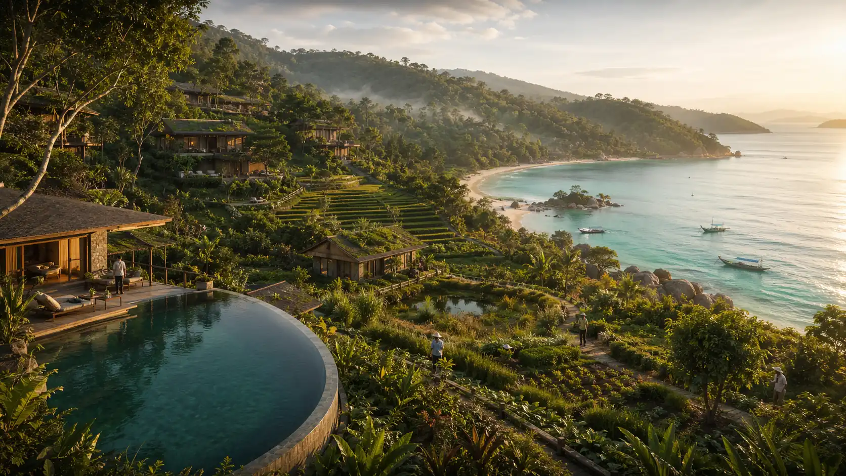 Regenerative resort integrated into tropical coastline at golden hour